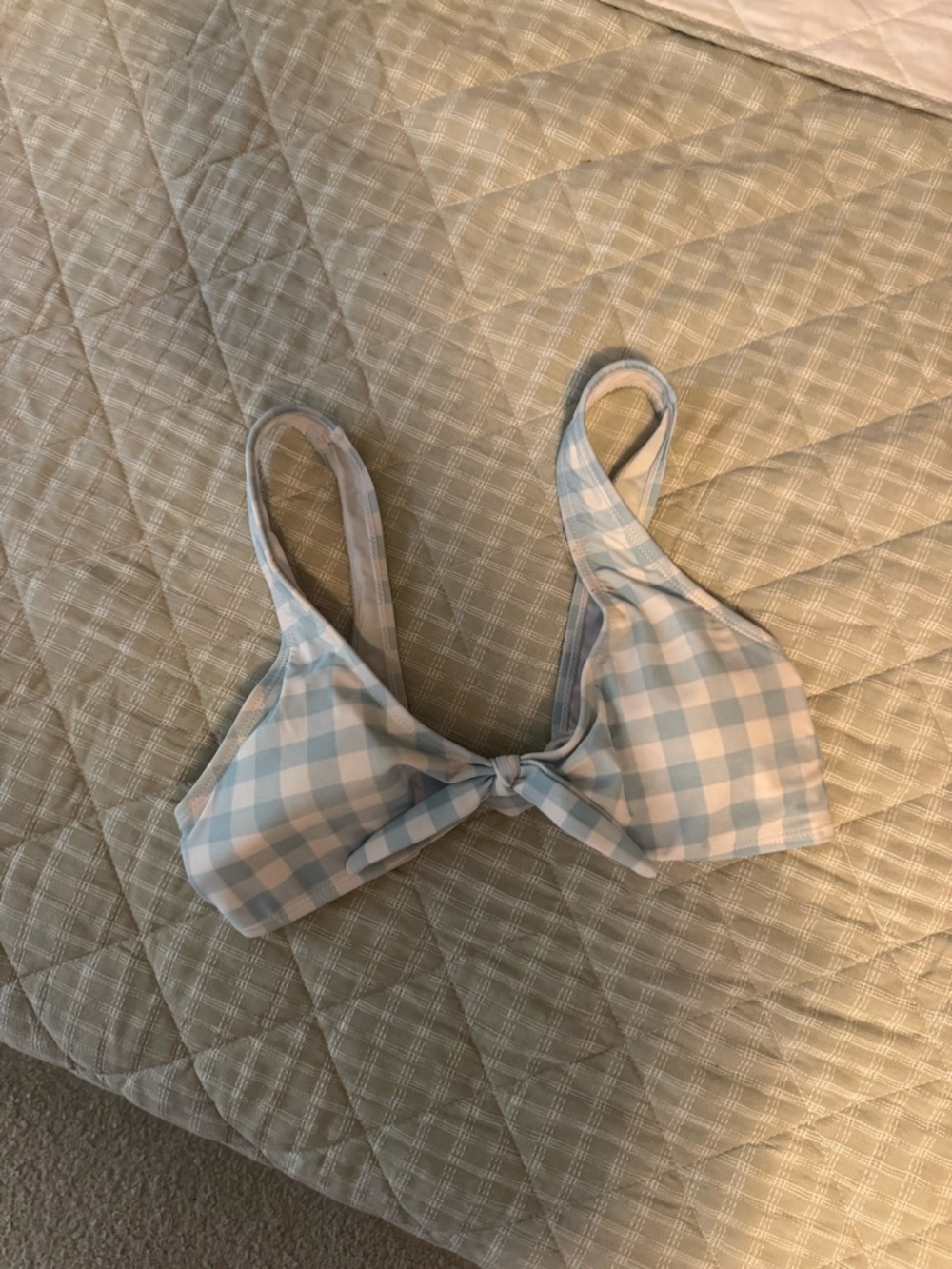 Blue and White Gingham Bikini Top with Front Tie